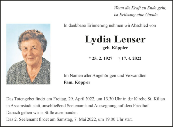 Traueranzeigen Von Lydia Leuser Trauerportal Ihrer Tageszeitung