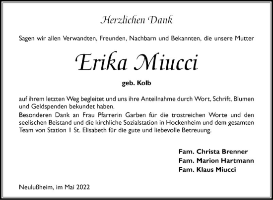 Traueranzeigen Von Erika Miucci Trauerportal Ihrer Tageszeitung