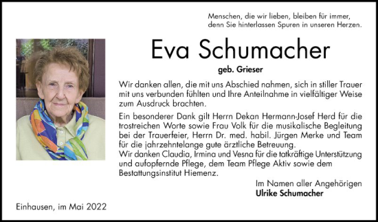 Traueranzeigen Von Eva Schumacher Trauerportal Ihrer Tageszeitung