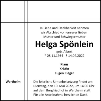 Traueranzeigen Von Helga Sp Nlein Trauerportal Ihrer Tageszeitung