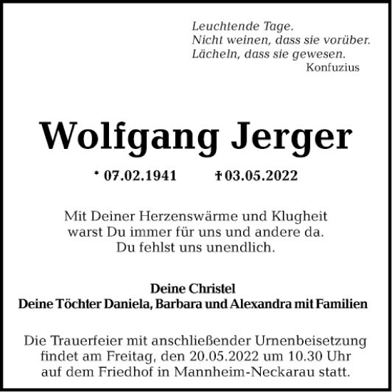 Traueranzeigen Von Wolfgang Jerger Trauerportal Ihrer Tageszeitung