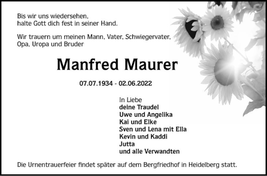 Traueranzeigen Von Manfred Maurer Trauerportal Ihrer Tageszeitung