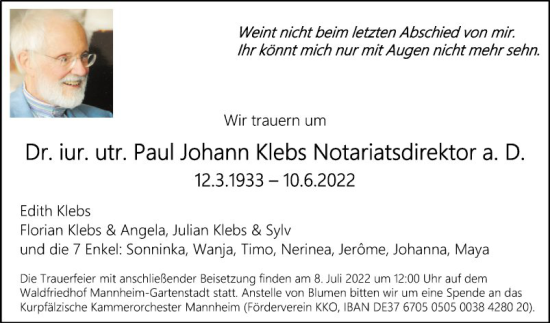 Traueranzeigen Von Paul Johann Klebs Trauerportal Ihrer Tageszeitung