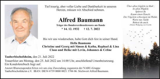 Traueranzeigen Von Alfred Baumann Trauerportal Ihrer Tageszeitung