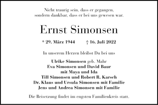 Traueranzeigen Von Ernst Simonsen Trauerportal Ihrer Tageszeitung