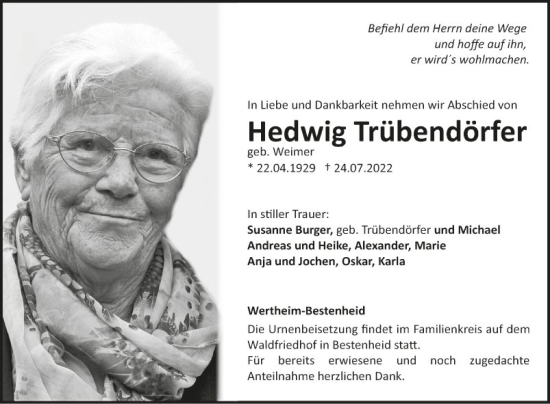 Traueranzeigen Von Hedwig Tr Bend Rfer Trauerportal Ihrer Tageszeitung