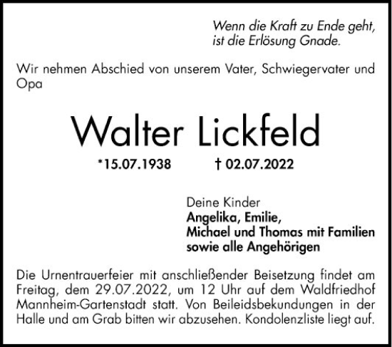 Traueranzeigen Von Walter Lickfeld Trauerportal Ihrer Tageszeitung