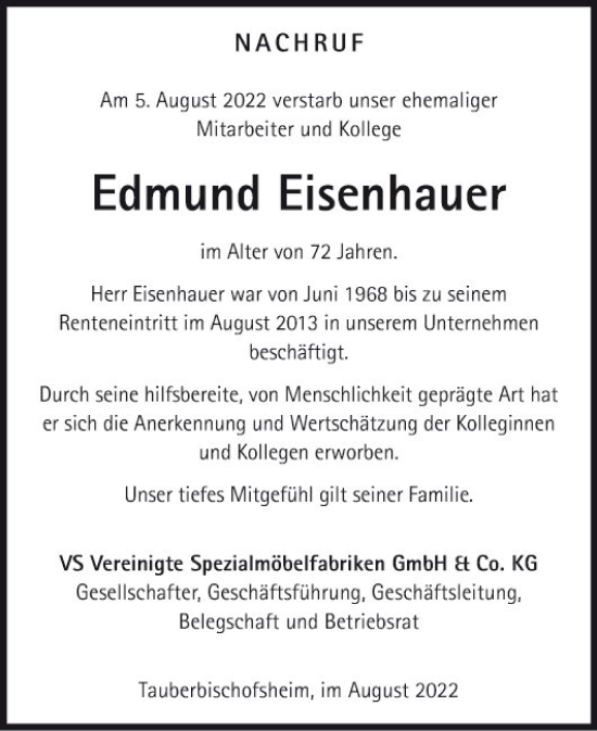 Traueranzeigen Von Edmund Eisenhauer Trauerportal Ihrer Tageszeitung