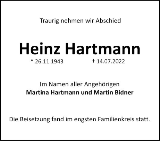 Traueranzeigen Von Heinz Hartmann Trauerportal Ihrer Tageszeitung