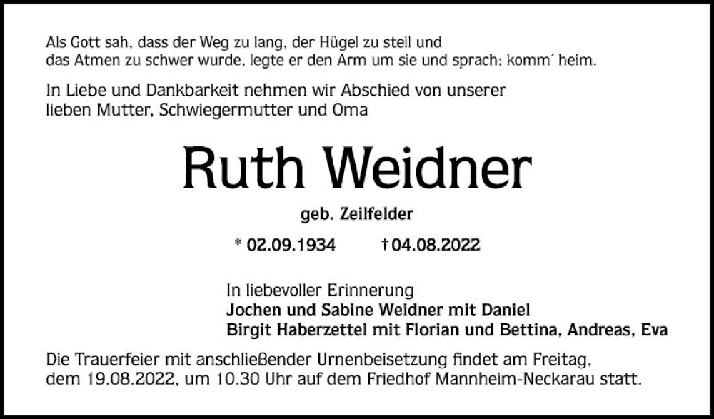 Traueranzeigen Von Ruth Weidner Trauerportal Ihrer Tageszeitung