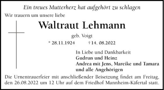 Traueranzeigen Von Waltraut Lehmann Trauerportal Ihrer Tageszeitung