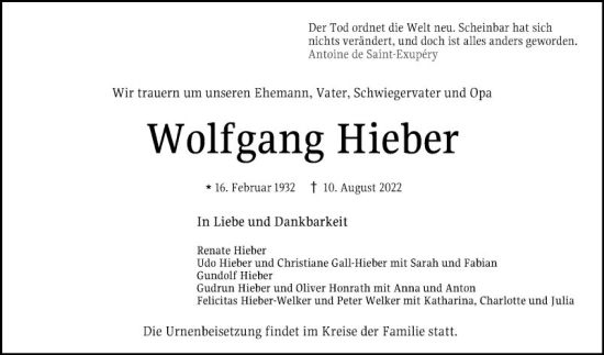 Traueranzeigen Von Wolfgang Hieber Trauerportal Ihrer Tageszeitung