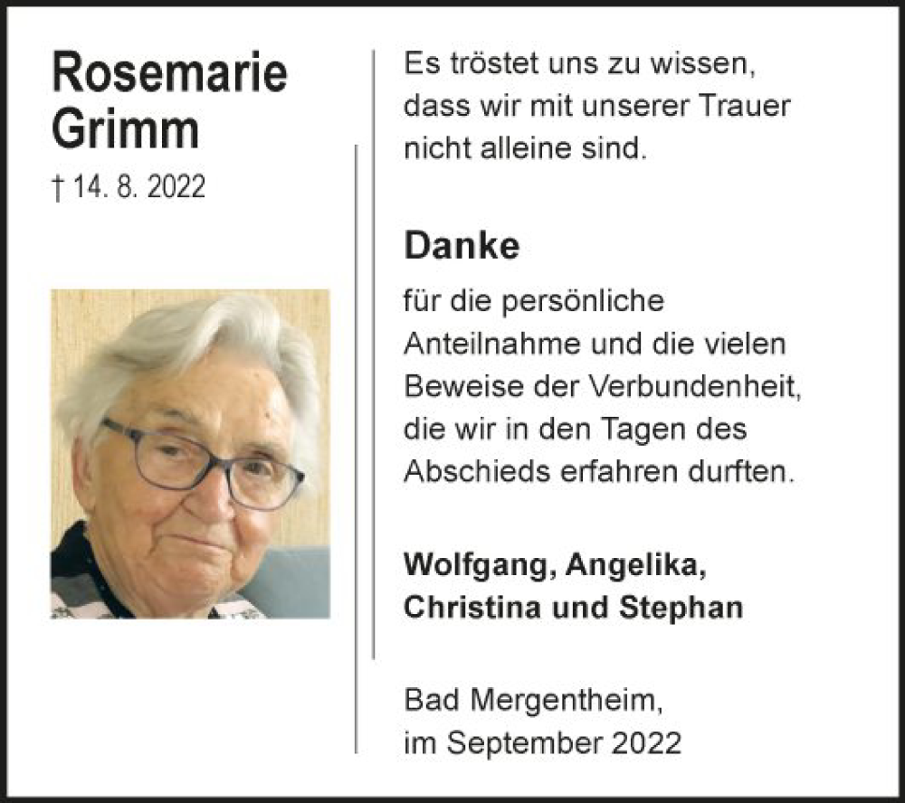 Traueranzeigen Von Rosemarie Grimm Trauerportal Ihrer Tageszeitung