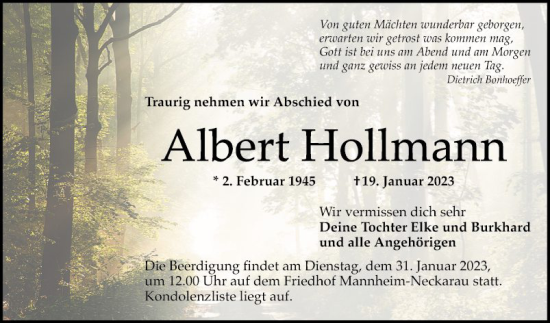 Traueranzeigen Von Albert Hollmann Trauerportal Ihrer Tageszeitung