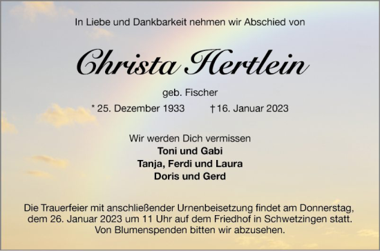 Traueranzeigen Von Christa Hertlein Trauerportal Ihrer Tageszeitung