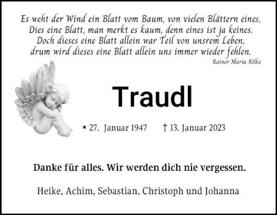 Traueranzeigen Von Traudl Trauerportal Ihrer Tageszeitung