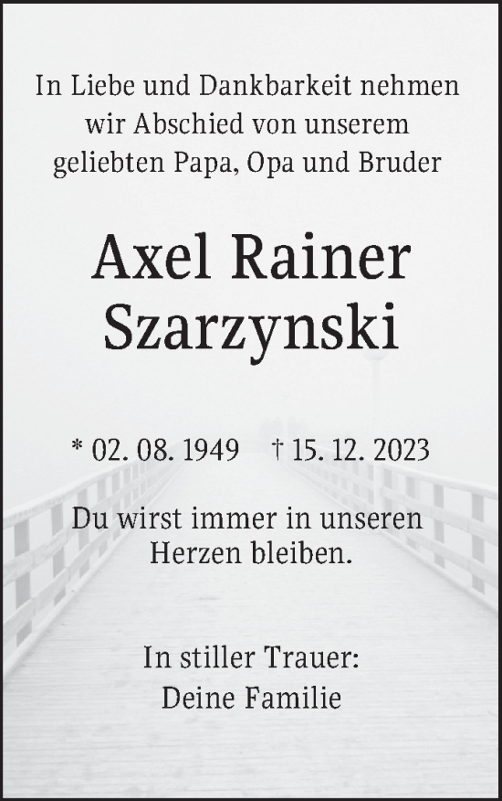 Traueranzeigen Von Axel Rainer Szarzynski Trauerportal Ihrer Tageszeitung