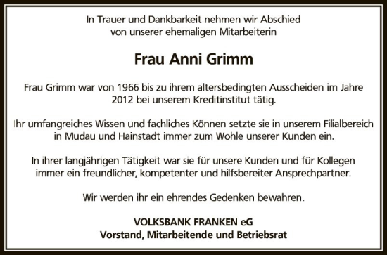 Traueranzeigen Von Anni Grimm Trauerportal Ihrer Tageszeitung