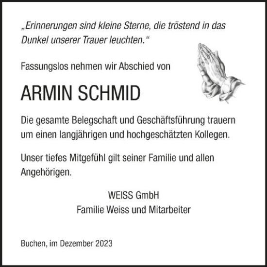 Traueranzeigen Von Armin Schmid Trauerportal Ihrer Tageszeitung