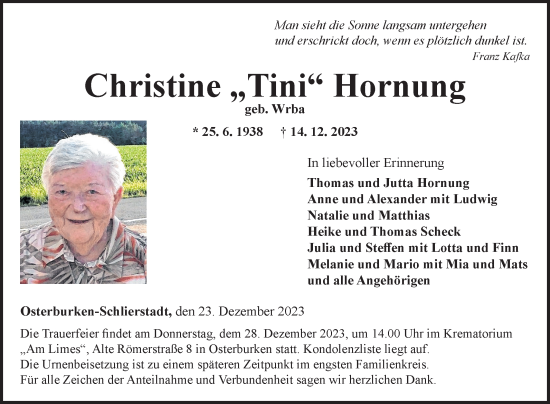 Traueranzeigen Von Christine Tini Hornung Trauerportal Ihrer Tageszeitung