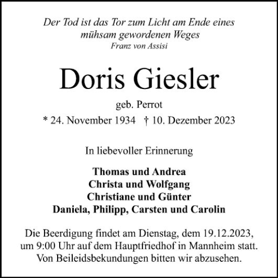 Traueranzeigen Von Doris Giesler Trauerportal Ihrer Tageszeitung