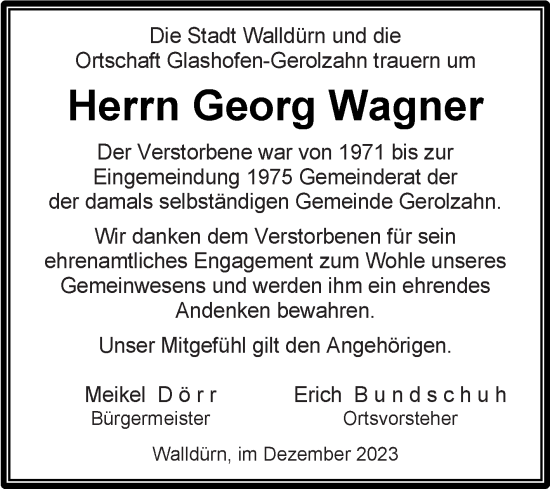 Traueranzeigen Von Georg Wagner Trauerportal Ihrer Tageszeitung