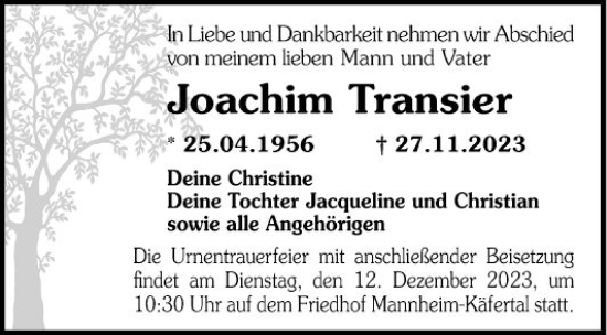 Traueranzeigen Von Joachim Transier Trauerportal Ihrer Tageszeitung