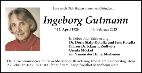 Traueranzeigen Von Ingeborg Gutmann Trauerportal Ihrer Tageszeitung