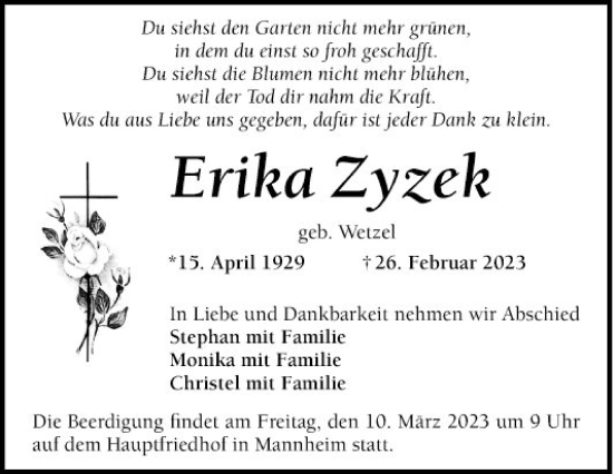 Traueranzeigen Von Erika Zyzek Trauerportal Ihrer Tageszeitung