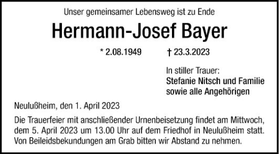 Traueranzeigen Von Hermann Josef Bayer Trauerportal Ihrer Tageszeitung