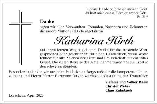 Traueranzeigen Von Katharina Hirth Trauerportal Ihrer Tageszeitung