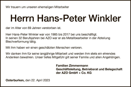 Traueranzeigen Von Hans Peter Winkler Trauerportal Ihrer Tageszeitung