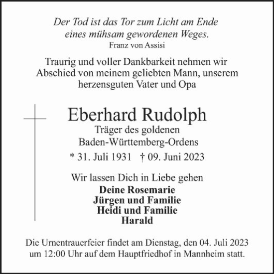 Traueranzeigen Von Eberhard Rudolph Trauerportal Ihrer Tageszeitung