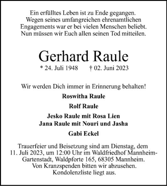 Traueranzeigen Von Gerhard Raule Trauerportal Ihrer Tageszeitung