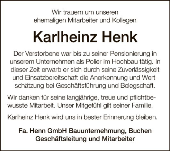 Traueranzeigen Von Karlheinz Henk Trauerportal Ihrer Tageszeitung