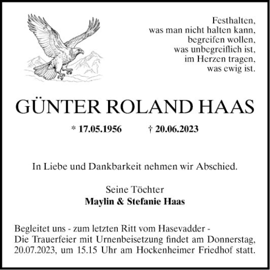 Traueranzeigen von Günter Roland Haas Trauerportal Ihrer Tageszeitung