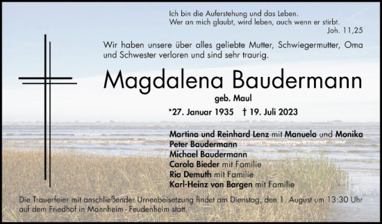 Traueranzeigen Von Magdalena Baudermann Trauerportal Ihrer Tageszeitung