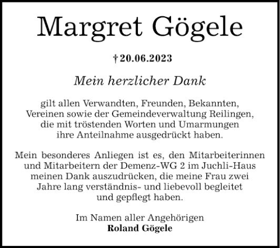 Traueranzeigen von Margret Gögele Trauerportal Ihrer Tageszeitung