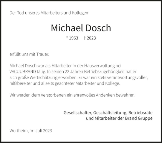 Traueranzeigen Von Michael Dosch Trauerportal Ihrer Tageszeitung