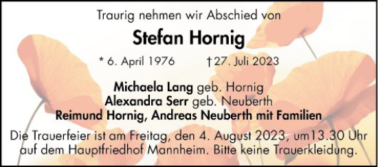 Traueranzeigen Von Stefan Hornig Trauerportal Ihrer Tageszeitung