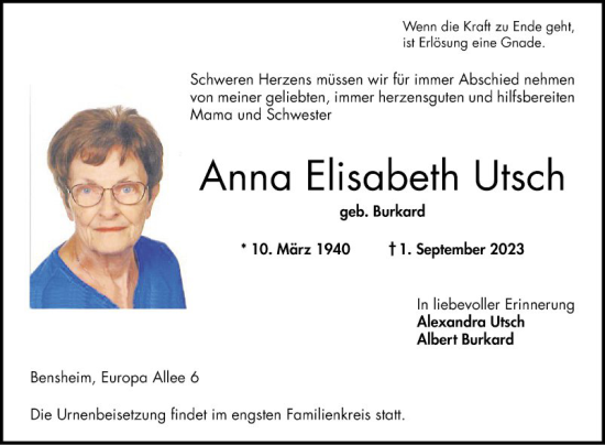 Traueranzeigen Von Anna Elisabeth Utsch Trauerportal Ihrer Tageszeitung