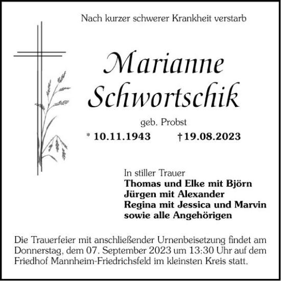 Traueranzeigen Von Marianne Schwortschik Trauerportal Ihrer Tageszeitung