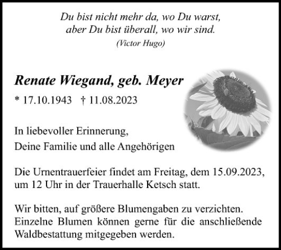 Traueranzeigen Von Renate Wiegand Trauerportal Ihrer Tageszeitung