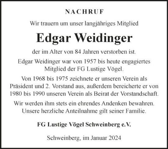 Traueranzeigen Von Edgar Weidinger Trauerportal Ihrer Tageszeitung