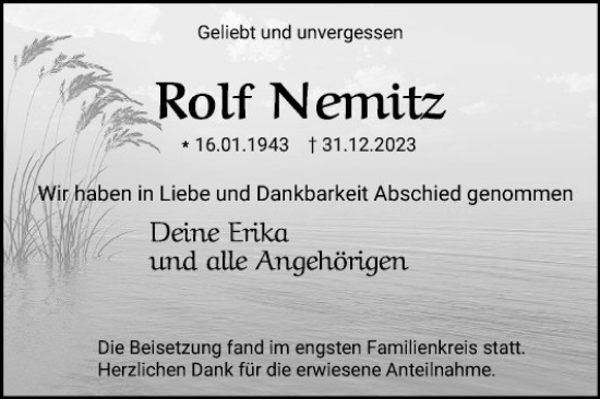 Traueranzeigen Von Rolf Nemitz Trauerportal Ihrer Tageszeitung