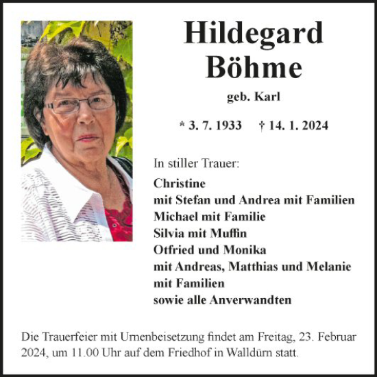 Traueranzeigen Von Hildegard B Hme Trauerportal Ihrer Tageszeitung