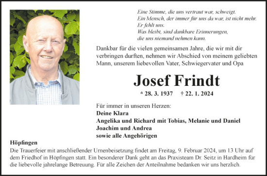 Traueranzeigen Von Josef Frindt Trauerportal Ihrer Tageszeitung