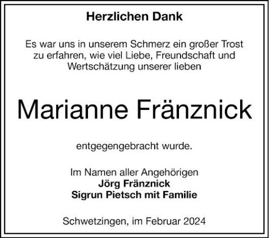 Traueranzeigen von Marianne Fränznick Trauerportal Ihrer Tageszeitung