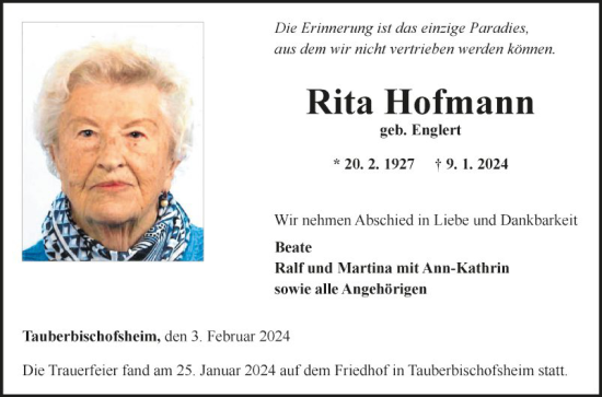 Traueranzeigen Von Rita Hofmann Trauerportal Ihrer Tageszeitung