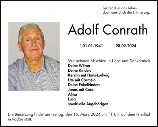 Traueranzeigen Von Adolf Conrath Trauerportal Ihrer Tageszeitung